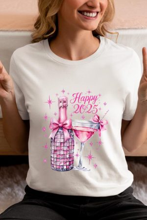 New Years 2025 Pink Champagne Shirt Wine Bottle Disco Balls T-Shirt