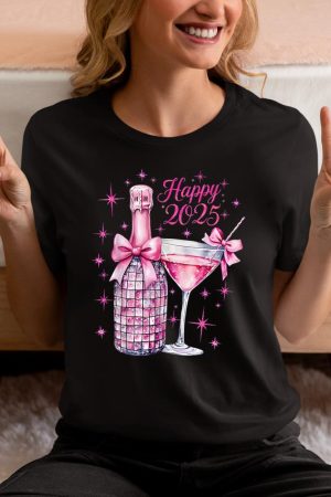 New Years 2025 Pink Champagne Shirt Wine Bottle Disco Balls T-Shirt
