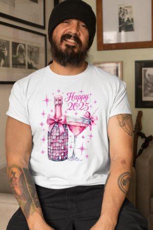 New Years 2025 Pink Champagne Shirt Wine Bottle Disco Balls T-Shirt