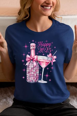 New Years 2025 Pink Champagne Shirt Wine Bottle Disco Balls T-Shirt