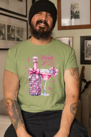 New Years 2025 Pink Champagne Shirt Wine Bottle Disco Balls T-Shirt