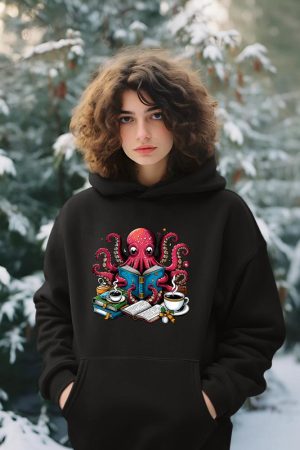 Octopus Reading Book Coffee Lover Bookaholic Bookworm Reader Hoodie