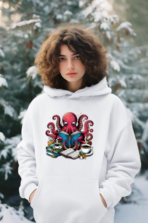 Octopus Reading Book Coffee Lover Bookaholic Bookworm Reader Hoodie