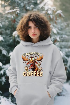 My Blood Type is Coffee Funny Moose Coffee Lover Hoodie