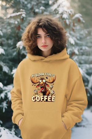 My Blood Type is Coffee Funny Moose Coffee Lover Hoodie