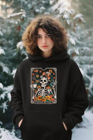 Messy Bun Coffee Lover Never Better Floral Skeleton Women Hoodie