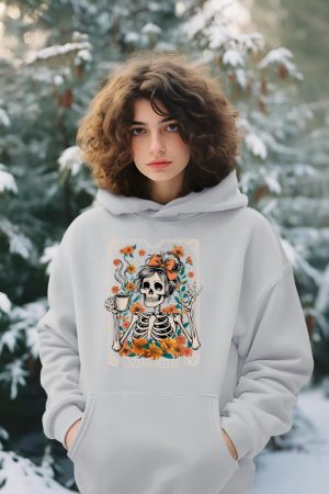 Messy Bun Coffee Lover Never Better Floral Skeleton Women Hoodie