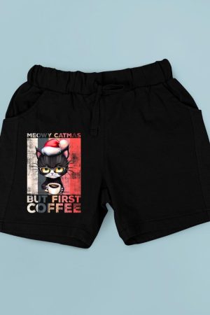 Meowy Catmas But First Coffee Cat Christmas Vintage Women Short
