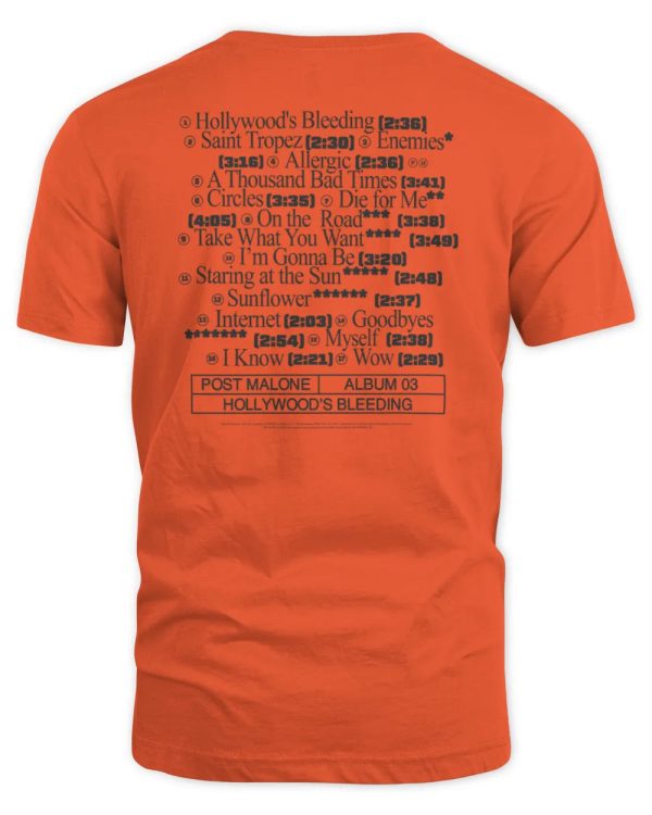 Post Malone Merch Store Hollywood's Bleeding Tracklist Tee Shirt