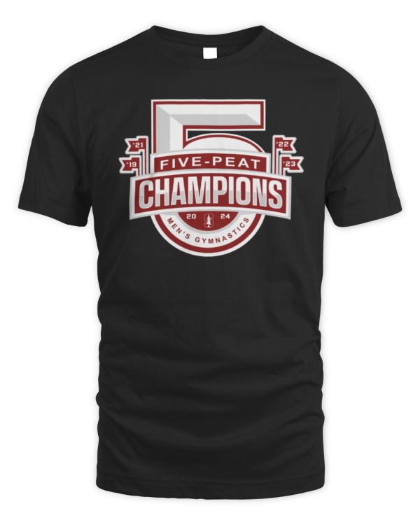 Official Stanford Cardinal Five Peat Men'S Gymnastics Champions Logo Black Merch Hoodie Reebedo Shirt