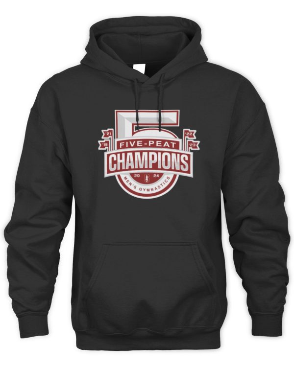 Official Stanford Cardinal Five Peat Men'S Gymnastics Champions Logo Black Merch Hoodie Reebedo Shirt - Image 2