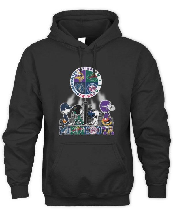 Snoopy Minnesota Twins Minnesota Vikings Minnesota Wild Timberwolves Black Official Hoodie Reebedo Shirt - Image 2