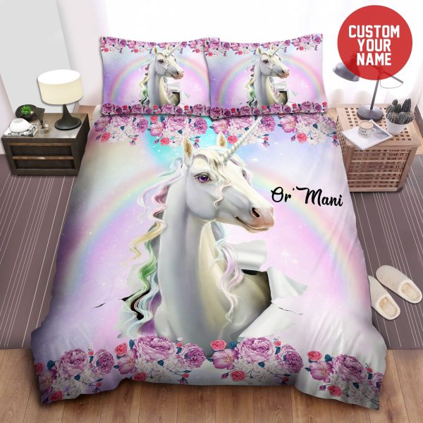 Flowers Unicorn Personalized Custom With Your Name Bedroom Bedding Ensemble Duvet Cover Set Home Decor