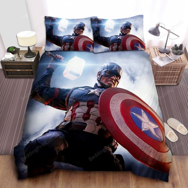Captain America With Thor Hammer Bedding Ensemble Duvet Cover Set Bedroom Decor