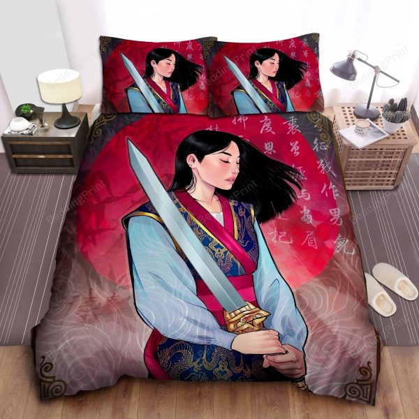 Princess Mulan In Short Hair With Her Sword Bedroom Bedding Ensemble Duvet Cover Set Home Decor