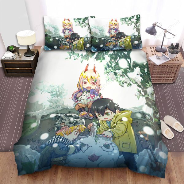 Chainsaw Man Adorable Chibi Characters In Snow Artwork Home Collection Bedding Set Bedroom Decor