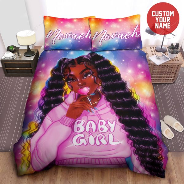 Colorful Long Hair Black Girl Baby Girl Custom Name On Shirt Of Bedding Ensemble Duvet Cover Set Bedroom Decor
