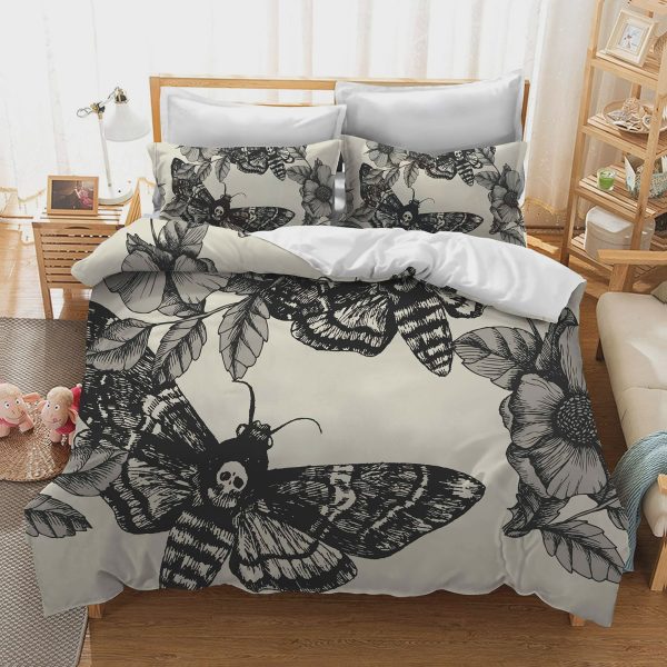 3D Printing Death Moth and Flower Cream Bedroom Bedding Ensemble Duvet Cover Set Home Decor