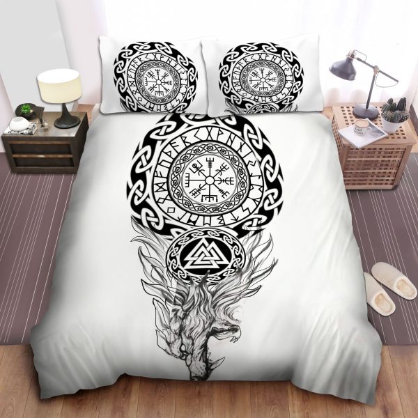 Ancient Viking Symbols Of Compass And Wolves And Bedding Ensemble Duvet Cover Set Bedroom Decor