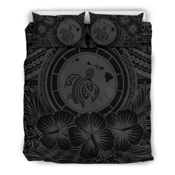 Alohawaii Hawaii Map Honu Hibiscus Gray Polynesian Home Collection Bedding Set Bedroom Decor