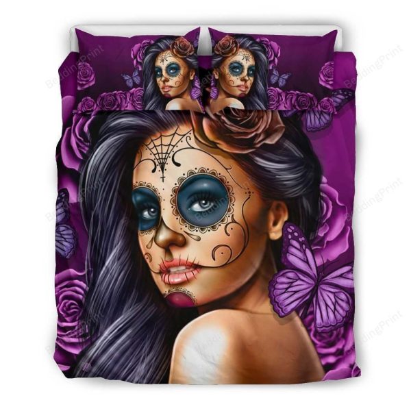 Calavera Violet on Black Home Collection Bedding Set Bedroom Decor