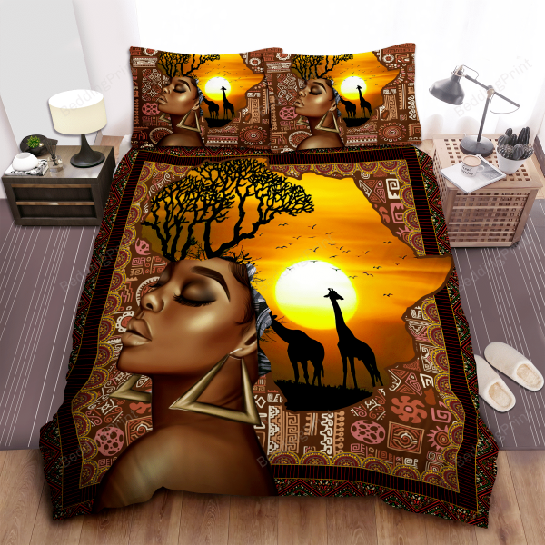 African Woman And Giraffe Bedroom Bedding Ensemble Duvet Cover Set Home Decor