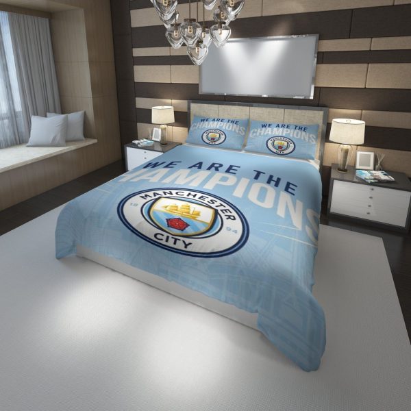 3D Manchester City FC Logo We Are The Champions For Fans Bedroom Bedding Ensemble Duvet Cover Set Home Decor