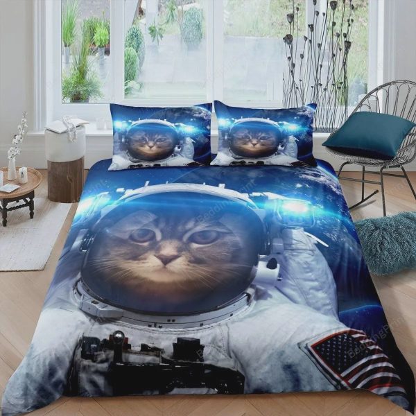 3D Cat Astronaut Galaxy Outer Space Bedroom Bedding Ensemble Duvet Cover Set Home Decor