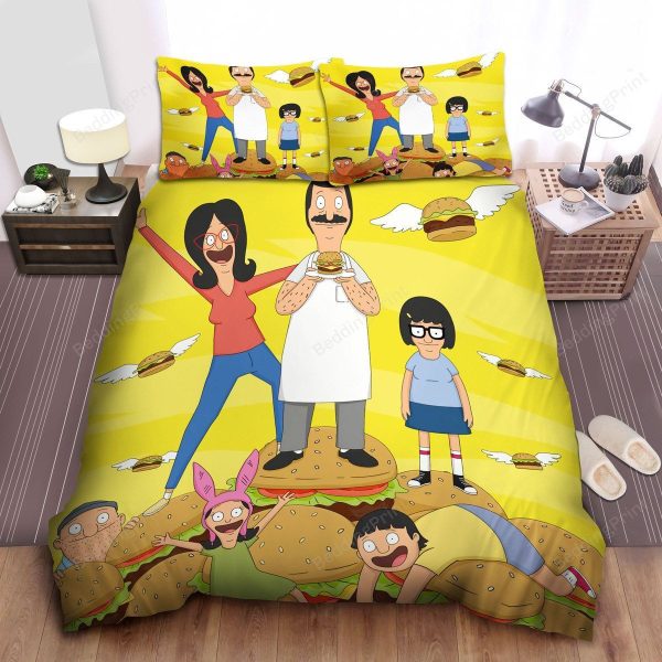 Bob's Burgers The Belchers And Flying Burgers Bedroom Bedding Ensemble Duvet Cover Set Home Decor