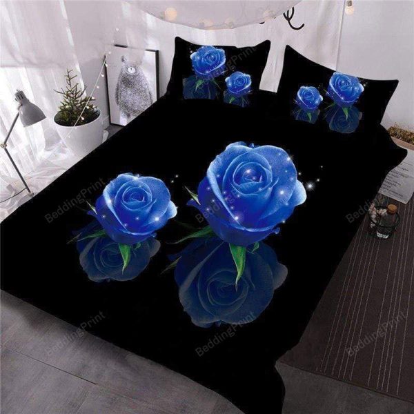 Blue Rose On Black Home Collection Bedding Set Bedroom Decor