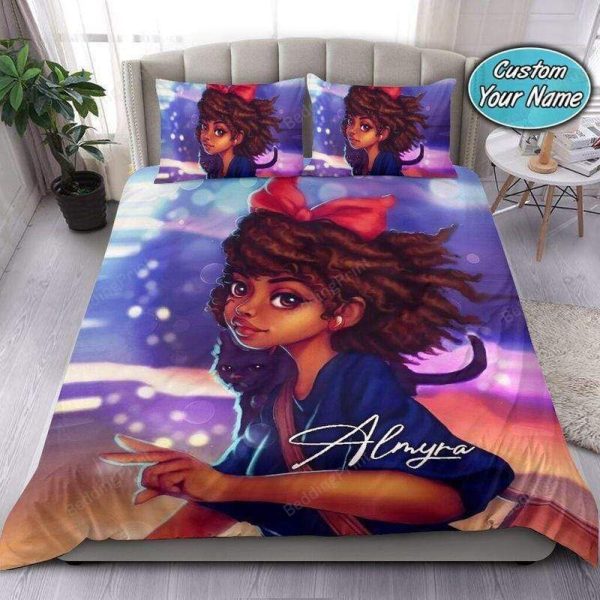 Black Girl Black Cat Custom Name Bedroom Bedding Ensemble Duvet Cover Set Home Decor