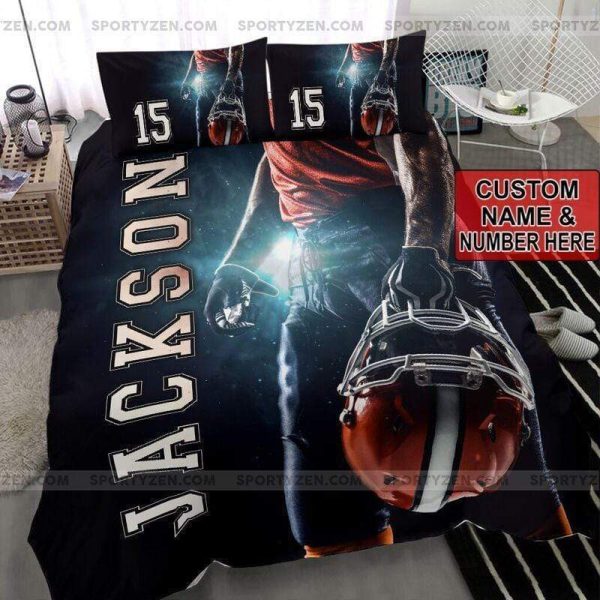 Football Player Hold The Helmet Custom With Your Name Duvet Cover Bedroom Sets Comfortable Bedding Sets