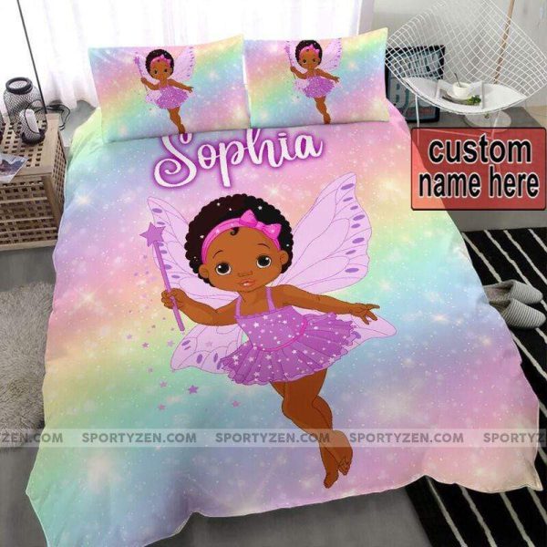 Cute Black Baby Kid Afro With Rainbow Custom Name Duvet Cover Bedroom Sets Comfortable Bedding Sets