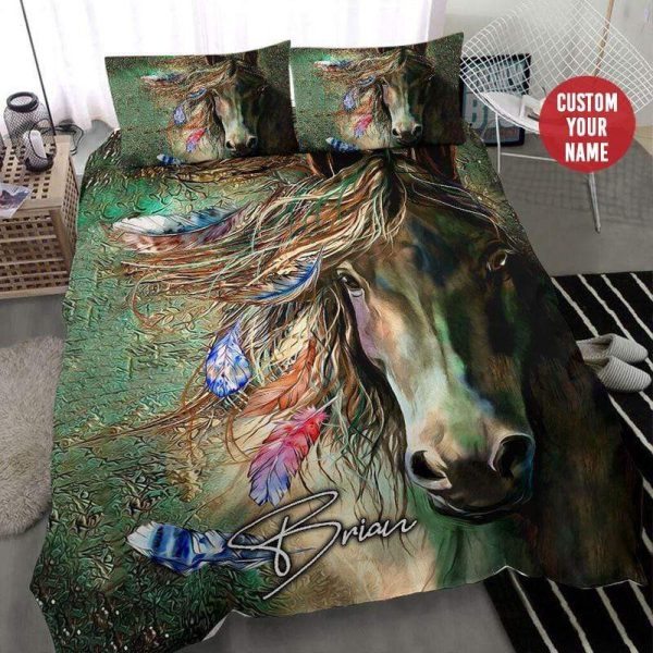 Horse Green Color Personalized Custom Name Duvet Cover Bedroom Sets Comfortable Bedding Sets