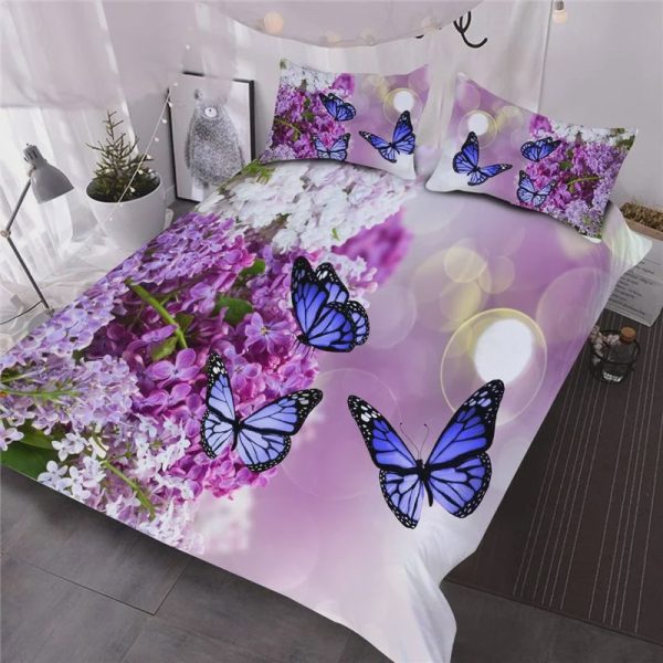 Blue Butterflies On Purple Lilacs Printed Duvet Cover Bedroom Sets Comfortable Bedding Sets