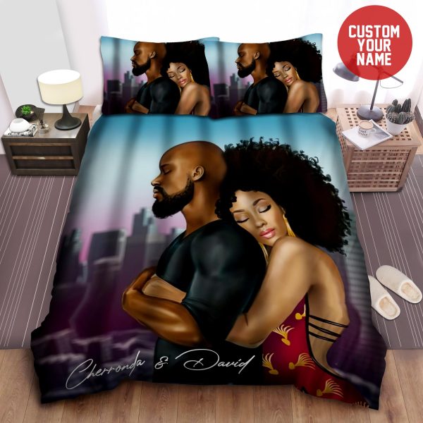 Black Couple Hug Together African Custom Name Duvet Cover Bedroom Sets Comfortable Bedding Sets