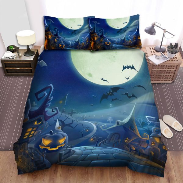 Halloween, Bat, Scary Town Scenery Duvet Cover Bedroom Sets Comfortable Bedding Sets