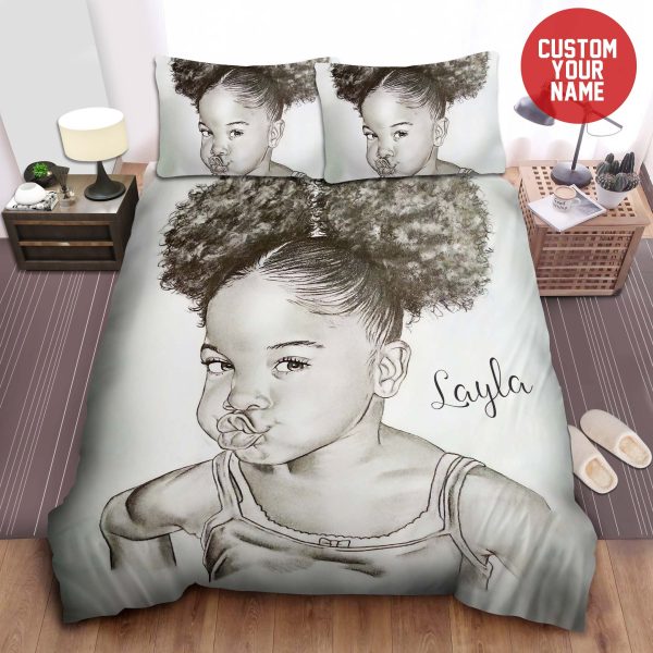 Drawing Cute Face Black Little Girl Custom Name Duvet Cover Bedroom Sets Comfortable Bedding Sets