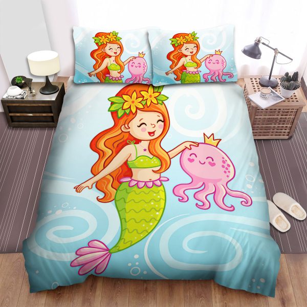 The Green Mermaid And The Pink Octopus Duvet Cover Bedroom Sets Comfortable Bedding Sets
