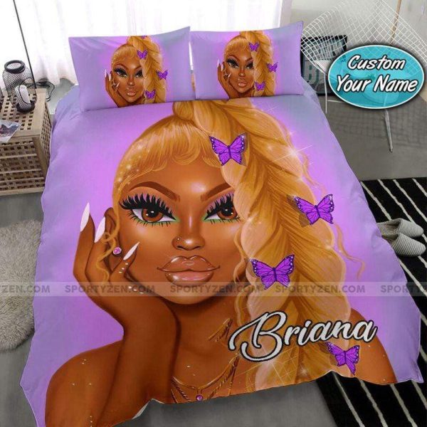 Personalized Black Girl Purple Butterfly Perfect Gifts For Daughter Girlfriend Wife Duvet Cover Bedroom Sets Comfortable Bedding Sets