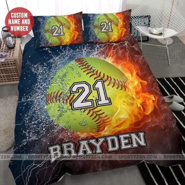 Softball On Fire Custom With Your Name And Number Duvet Cover Bedroom Sets Comfortable Bedding Sets