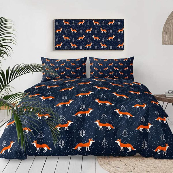 Sleepwish Fox 3 Piece, Twin, Navy, Orange Fox in Snow, Winter Woodland Theme Comforter Cover Sets for Kids Teens Boys Girls Duvet Cover Bedroom Sets Comfortable Bedding Sets