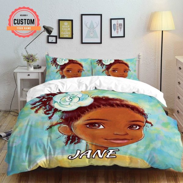 Personalized Cute Black Little Girl Blue Flower Perfect Gifts For Daughter Girlfriend Wife Duvet Cover Bedroom Sets Comfortable Bedding Sets
