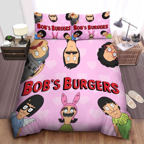 Bob's Burgers Belcher Family In Multi Pink Hearts Background Duvet Cover Bedroom Sets Comfortable Bedding Sets