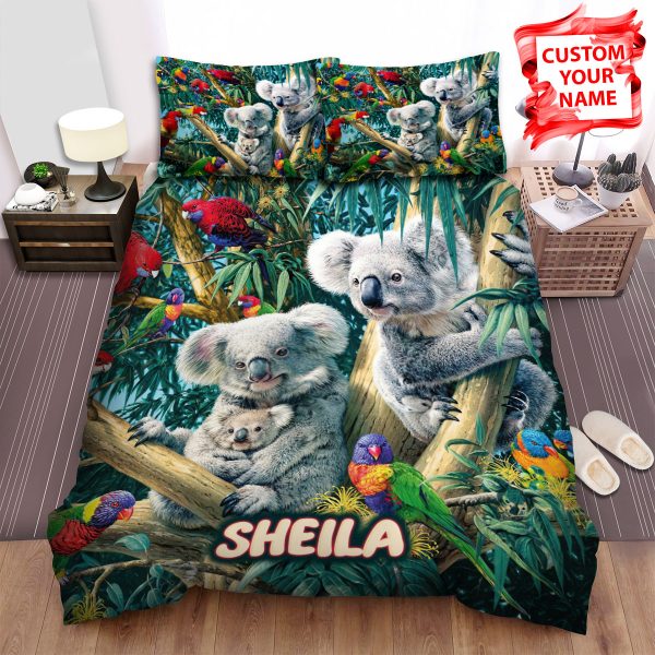 Personalized The Wild Animal - The Koala Among The Parrots Duvet Cover Bedroom Sets Comfortable Bedding Sets