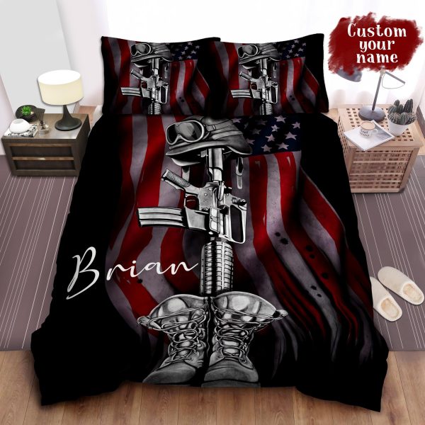 Personalized Black & White U.S. Army Equipment Illustration In American Flag Background Duvet Cover Bedroom Sets Comfortable Bedding Sets