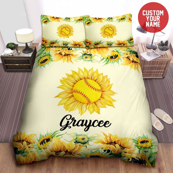 Sunflower Softball Personalized Custom Name Duvet Cover Bedroom Sets Comfortable Bedding Sets