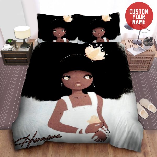 Personalized Black Little Girl In White Dress And Curly Hair Duvet Cover Bedroom Sets Comfortable Bedding Sets