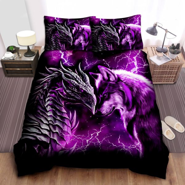 Dragon & Wolf Bedding Set: Purple Sheets, Duvet Cover Spread