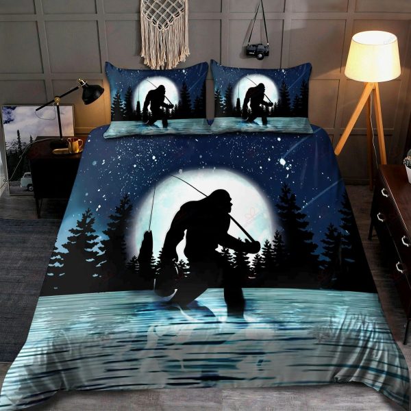 Bigfoot Night Fishing Cotton Bedding Set: Perfect Birthday, Christmas, Thanksgiving Gifts for Big Foot Lovers